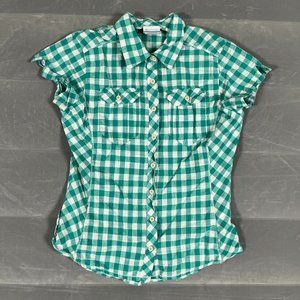 Columbia Button Up Shirt Women's Medium Green Plaid Short Sleeve Pocket Outdoor